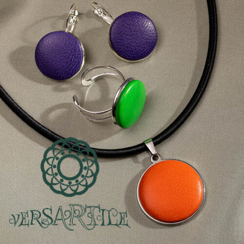 Levendula-narancs&lime-zöld bőrbetétes ékszerszett